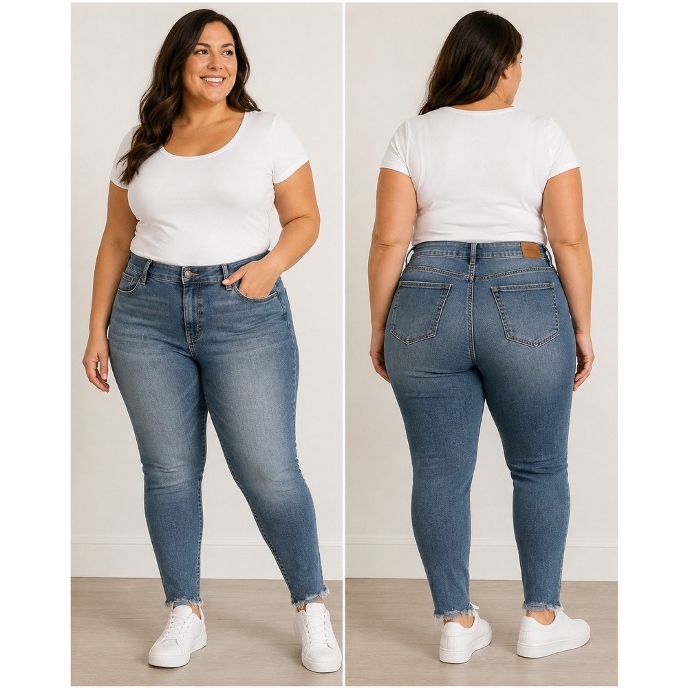 Judy Blue Skinny Fit Jeans Womens 14W Medium Wash High Rise Distressed Raw Hem